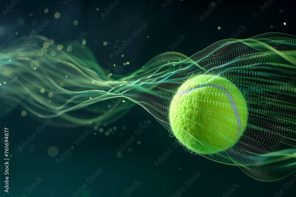 A tennis ball is captured mid-flight as it soars through the air during a tennis match, A graphical representation showcasing the trajectory of a tennis ball in motion, AI Generated - obrazy, fototapety, plakaty 