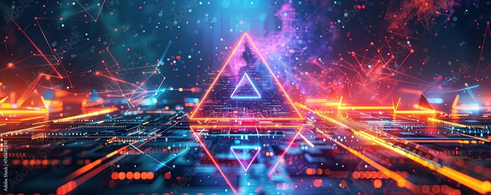 Obraz premium geometric shapes and structures in colorful neon colors and lights in cyberspace against dark background