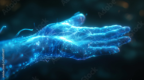 A hand is shown in a blue  glowing light