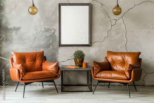 Two orange leather armchairs against stucco wall with poster frame. Mid century home interior design of modern living room photo