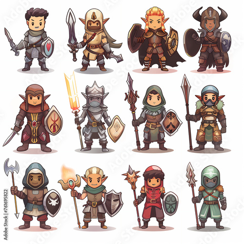 Diverse Set of Fantasy Character Illustrations, Cute Chibi Style Warriors
