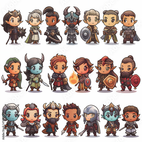 Diverse Set of Fantasy Character Illustrations, Cute Chibi Style Warriors
