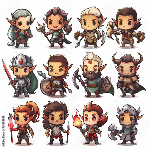 Diverse Set of Fantasy Character Illustrations, Cute Chibi Style Warriors
