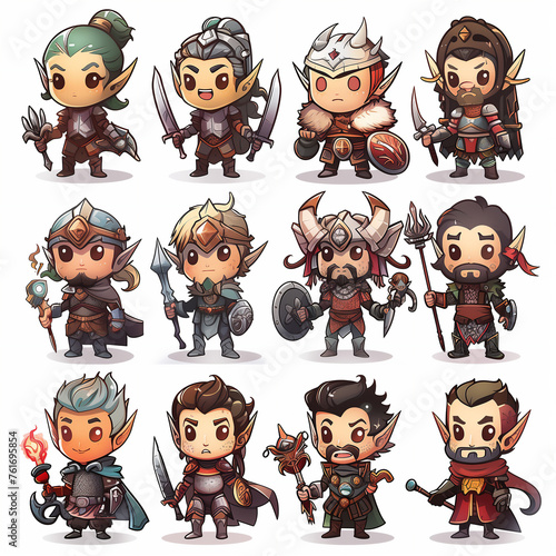 Diverse Set of Fantasy Character Illustrations, Cute Chibi Style Warriors
