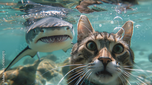 Meme Humorous Cat with Shocked Expression Underwater with Shark 