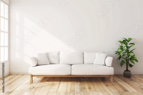 White sofa on wooden parquet. Minimalist  scandinavian home interior design of modern living room