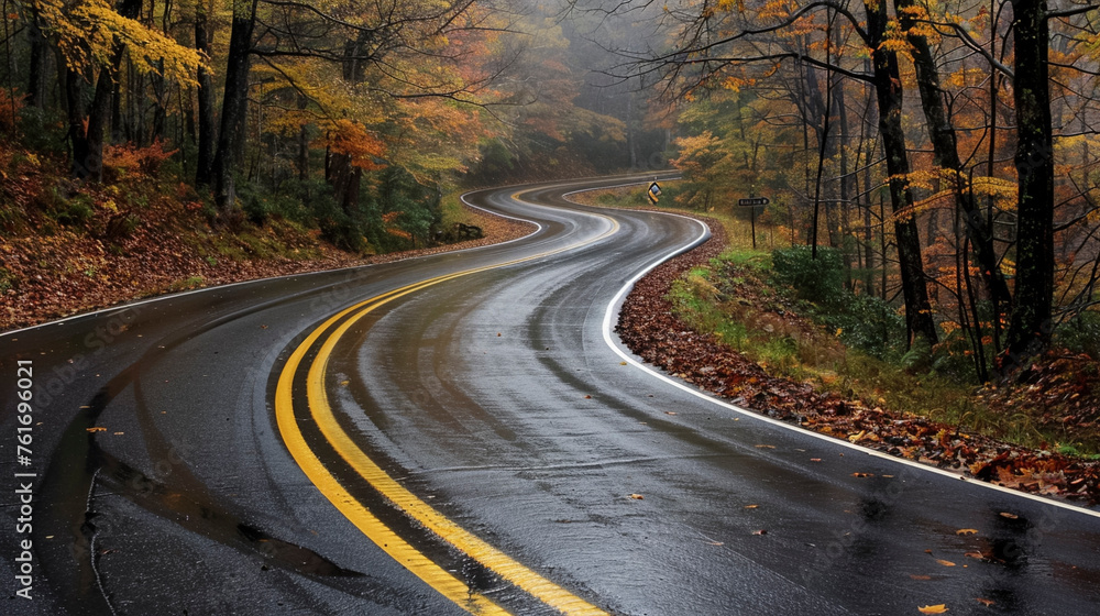 Fototapeta premium Autumn Drive, Curvy Wet Road through Colorful Fall Forest
