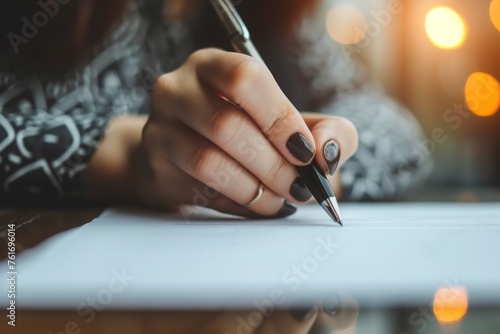 A woman sitting at a desk, using a pen to write on a piece of paper, A hand signing a business loan agreement, AI Generated