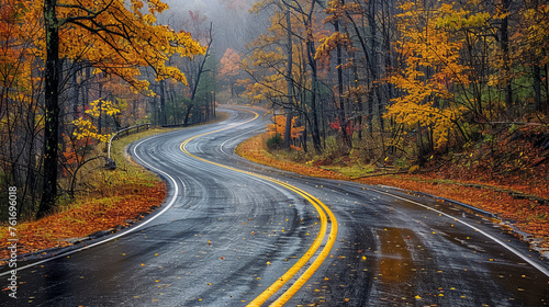 Autumn Drive, Curvy Wet Road through Colorful Fall Forest