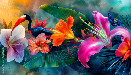 Tropical Bird and Flower Composition