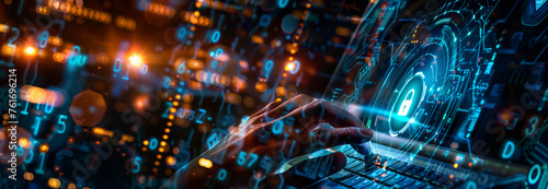 Digital background featuring icons and network connections with blurred hands typing, evoking a sense of cyber security