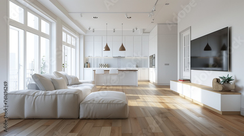 italian style interior of a living room and kitchen in white with a wooden floor  a large sofa near a window