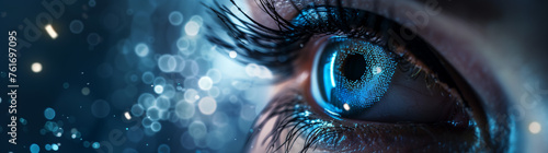 A high-resolution close-up of an eye with digital graphics on the iris, showcasing the future of vision technology