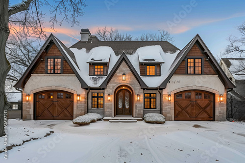 A traditional cottage-style home with symmetrical windows and an arched front door, accented by brown wood trim and flanked by two large wooden garage doors featuring black steel accents