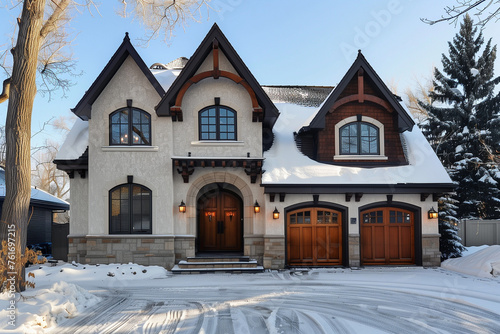 A traditional cottage-style home with symmetrical windows and an arched front door, accented by brown wood trim and flanked by two large wooden garage doors featuring black steel accents