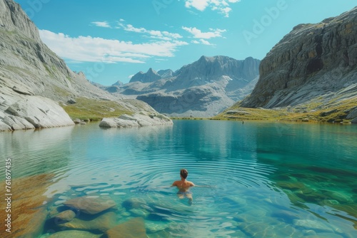 A man enjoying a swim in a scenic lake nestled amidst majestic mountains, A joyful moment of a backpacker swimming in a crystal clear lake nestled between mountains, AI Generated © Iftikhar alam