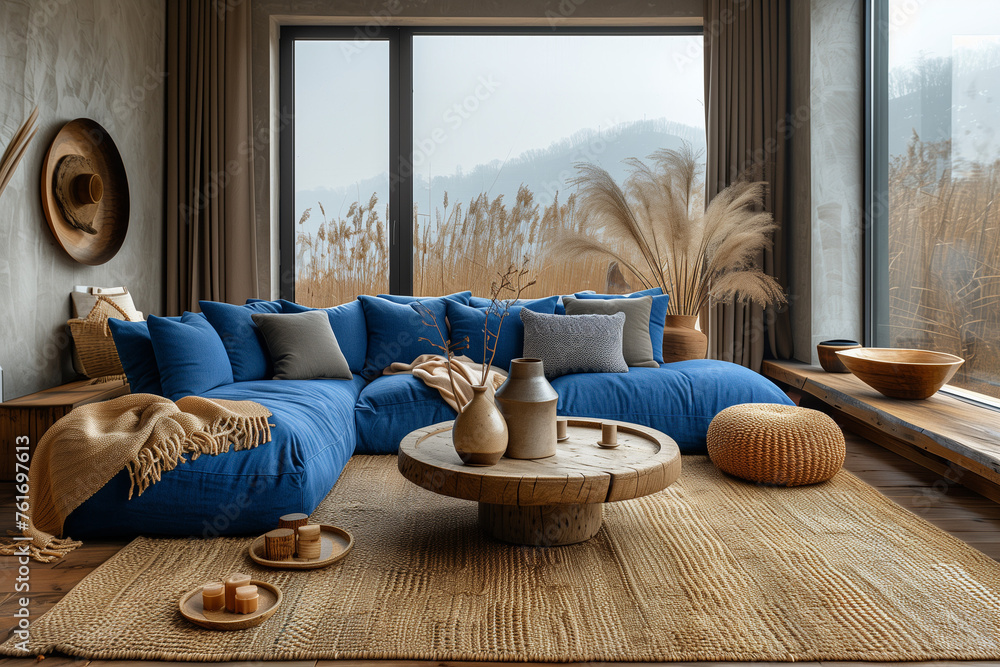 Scandinavian style living room interior with a blue sofa, a wooden coffee table and a beige knitted puf in front of the window - obrazy, fototapety, plakaty 