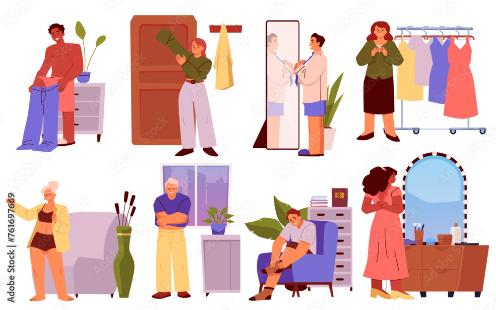 People dressing and trying on clothes, set of flat cartoon vector illustrations People dressing and trying on clothes, set of flat cartoon vector illustrations