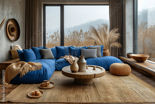 Scandinavian style living room interior with a blue sofa, a wooden coffee table and a beige knitted puf in front of the window photo