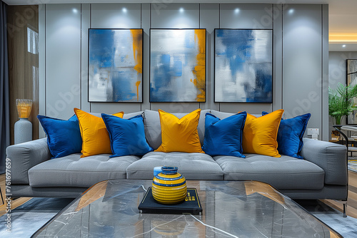 This elegant living room interior features a grey sofa adorned with blue and yellow pillows, complementing abstract paintings hanging above a glass top coffee table