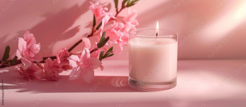 Candle mockup with pink flowers on pink table.