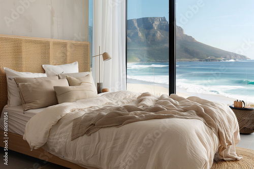 Sleek oak bed with rattan headboard, soft beige linen blanket and pillows in the bedroom of a modern house on the beach. The bedroom has a panoramic window view of the ocean and mountains © gabriele