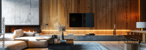 Modern interior of a living room with a fireplace and wooden wall  in a minimalist design