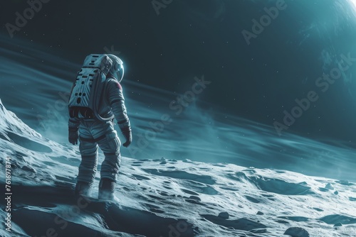 An astronaut wearing a spacesuit standing on the barren surface of the moon, A lone astronaut exploring the surface of an icy moon, AI Generated