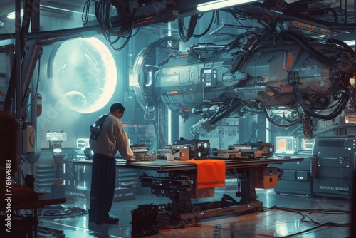 A man stands confidently in front of a large machine in a bustling factory, overseeing production, A mechanic carrying out maintenance on a spaceship in a sci-fi setting, AI Generated © Iftikhar alam
