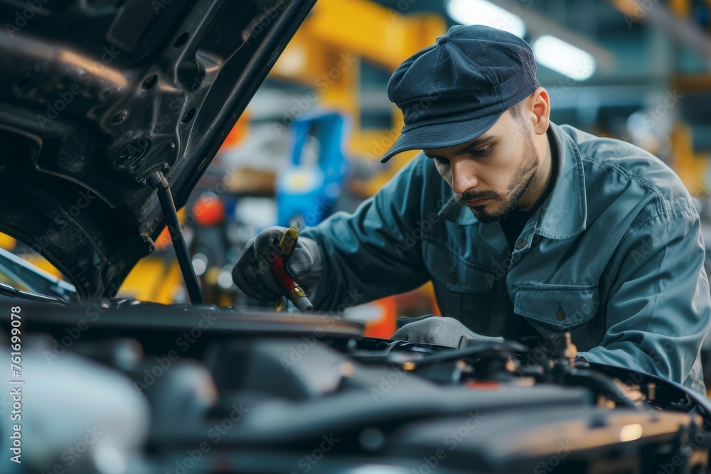 A man is seen working diligently on a car inside a garage, repairing and maintaining the vehicle, A mechanic in the middle of a thorough inspection under the hood of a car, AI Generated A man is seen working diligently on a car inside a garage, repairing and maintaining the vehicle, A mechanic in the middle of a thorough inspection under the hood of a car, AI Generated