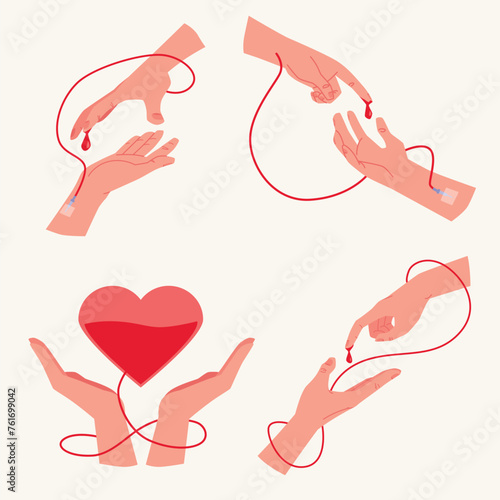 Hands of donor and recipient of blood for transfusion, vector illustrations.