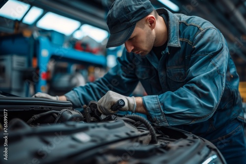 A man skillfully repairing a car engine in a well-equipped garage, using tools and applying his expertise, A mechanic in the middle of a thorough inspection under the hood of a car, AI Generated