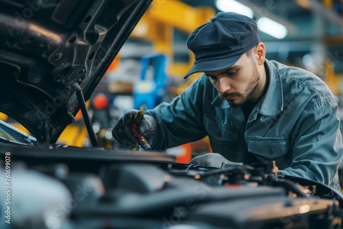 A man is seen working diligently on a car inside a garage, repairing and maintaining the vehicle, A mechanic in the middle of a thorough inspection under the hood of a car, AI Generated