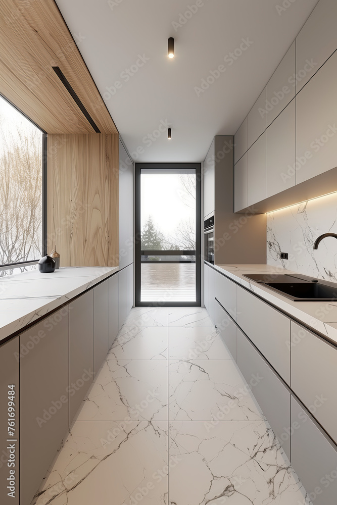modern kitchen, white marble floor tiles with gray veining and light wood cabinets, long rectangular open plan room with large windows on the right side of the photo, minimalist interior design style, modern kitchen, white marble floor tiles with gray veining and light wood cabinets, long rectangular open plan room with large windows on the right side of the photo, minimalist interior design style,