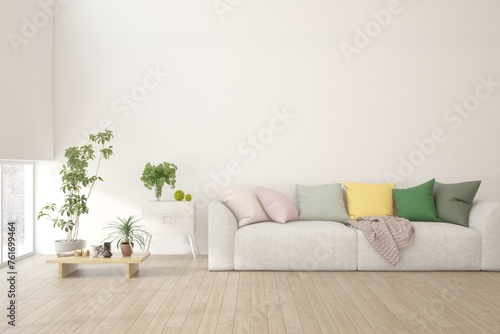 Fototapeta Naklejka Na Ścianę i Meble -  White living room with sofa. Scandinavian interior design. 3D illustration
