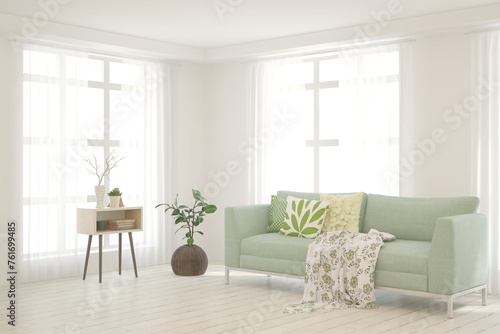 White living room with sofa. Scandinavian interior design. 3D illustration © AntonSh