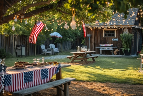 A Picnic Table With an American Flag Table Cloth, A memorial day barbecue celebration in a backyard decorated with American flags, AI Generated