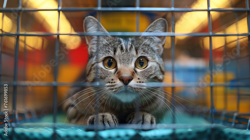 Curious Cat Inside Cage Staring at Camera © Emiliia