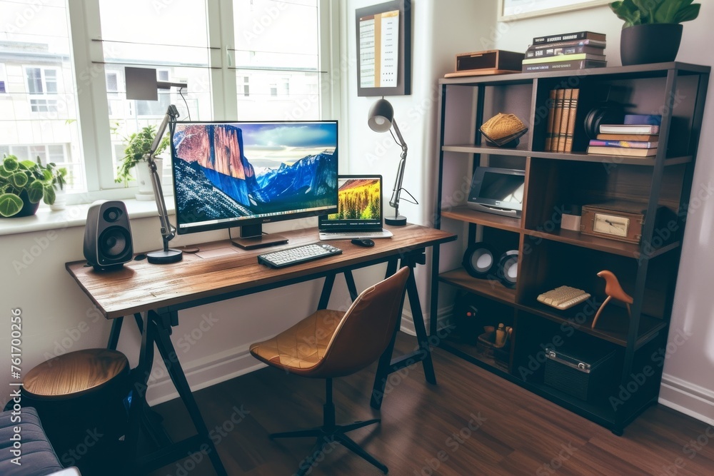 A computer sits on a desk in a well-lit room, surrounded by various office supplies and a chair, A modern and trendy home office setup, AI Generated A computer sits on a desk in a well-lit room, surrounded by various office supplies and a chair, A modern and trendy home office setup, AI Generated
