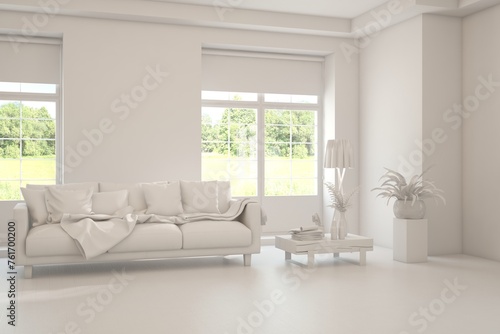 Grey living room concept with sofa and summer landscape in window. Scandinavian interior design. 3D illustration