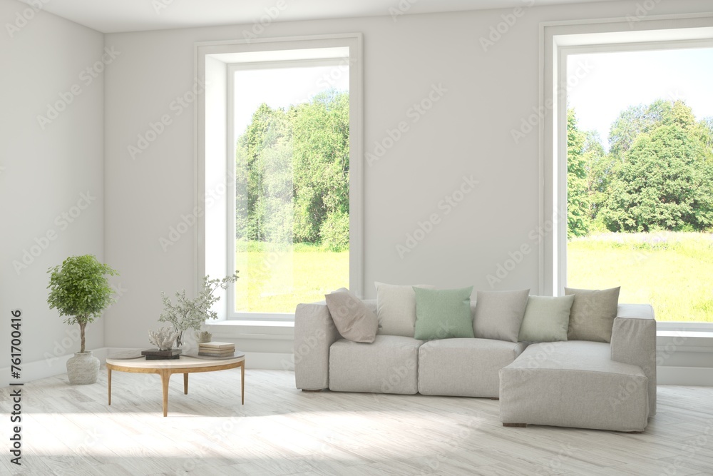 Bright interior design with modern furniture and summer landscape in window. 3D illustration Bright interior design with modern furniture and summer landscape in window. 3D illustration
