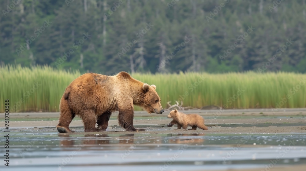 Male bear and cub portrait with empty space on left for text, object on right side Male bear and cub portrait with empty space on left for text, object on right side