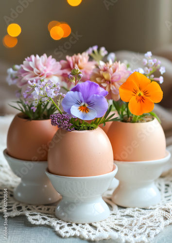 Fresh Spring Flowers in Eggshell Vases. Celebration spring holiday Easter, Spring Equinox day, Ostara Sabbat. © Svetlana Kolpakova