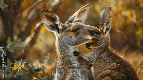 Animal love and affection cute joey image baby kangaroo holding on it's mother ear for comfort and feeling safe © Alexander