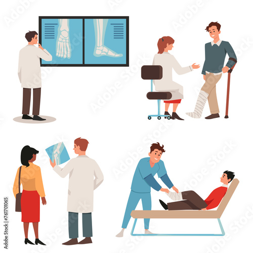 Orthopedist consult and treat people concept set.