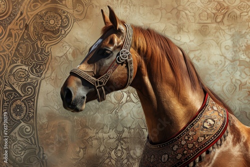 A Painting of a Horse Wearing a Bridle, A noble Arabian horse with beautiful Islamic motifs in the background, AI Generated