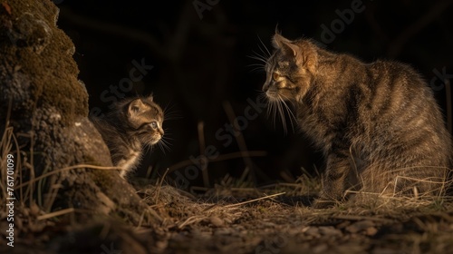 Geoffroy s cat and kitten near object, empty left side for personalized text insertion photo