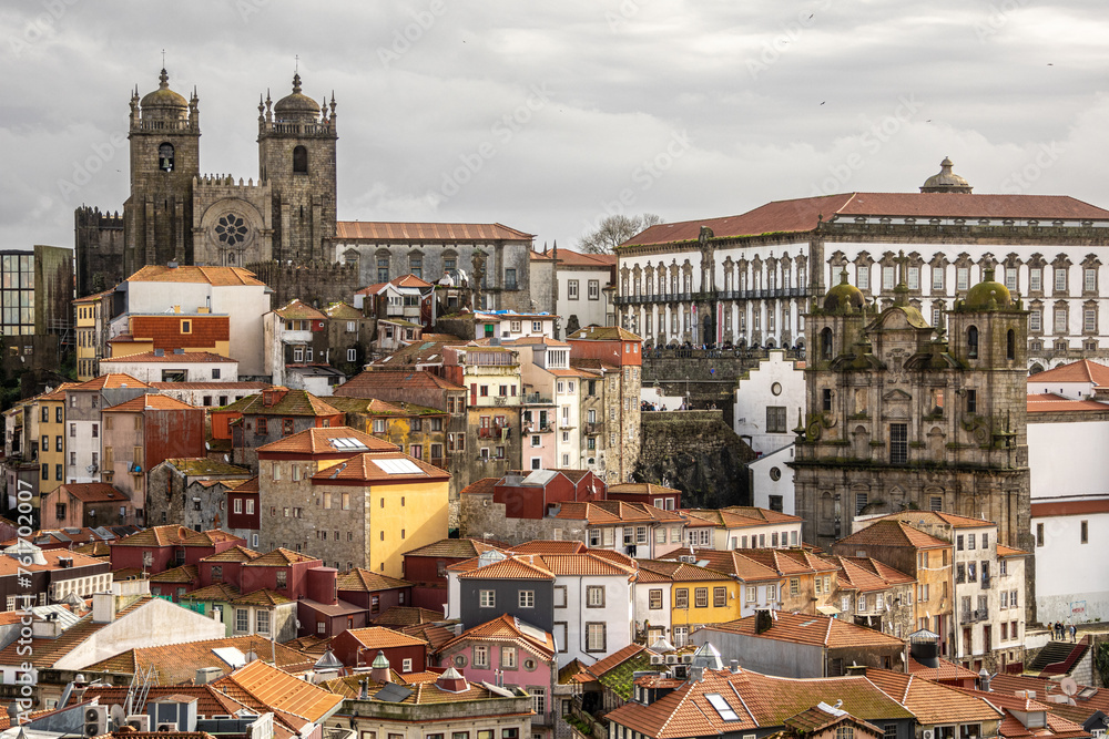 Aerial view of Porto, with its colorful houses, the cathedral and the Douro river