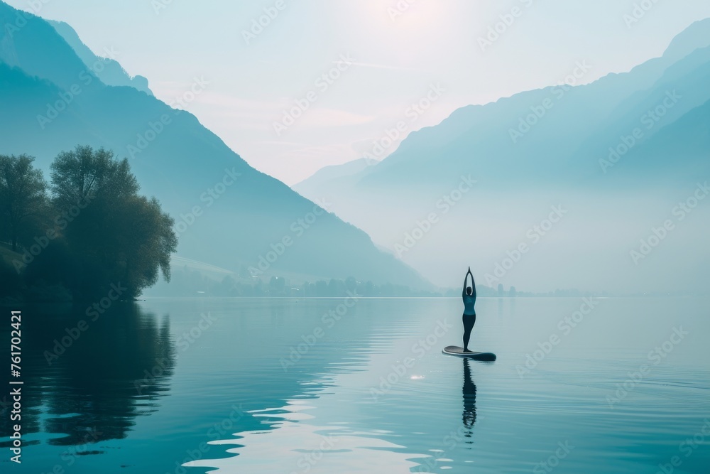 A person confidently stands on a paddle board, gracefully balancing on the waters surface, A person doing yoga on a paddleboard on calm water, AI Generated