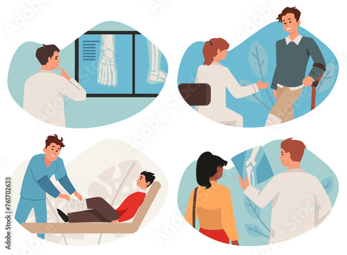 Orthopedic medicine, treating disorders of skeletal system, vector isolated.